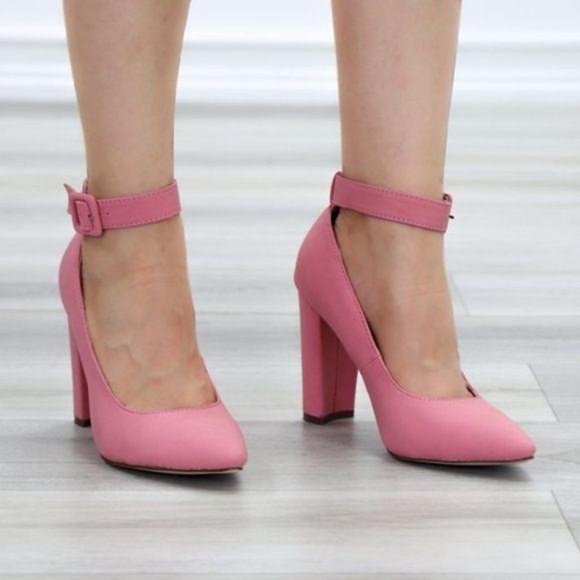 Pink Pointy Toe Ankle Brace Buckle Heels - Picture 6 of 9